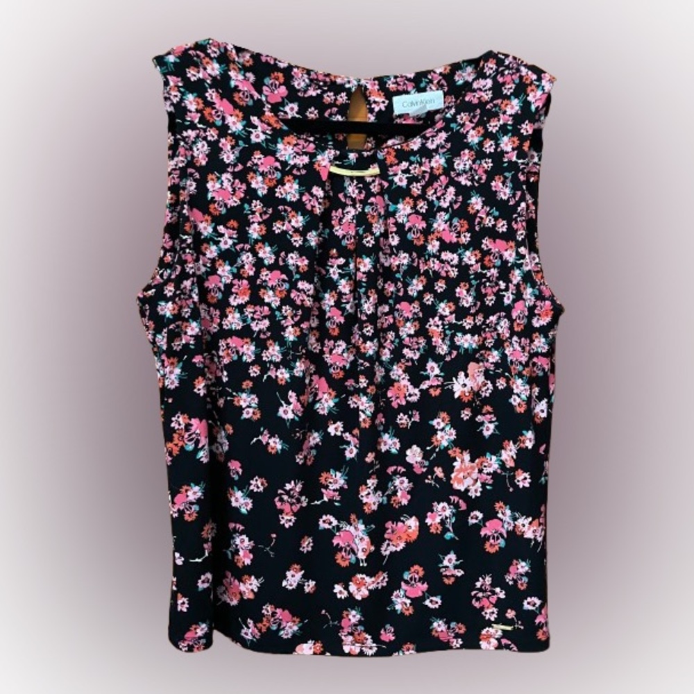 Calvin Klein CK Women's Floral Pleat Neck Cami Camisole w Hardware Blouse Top L - Picture 7 of 14